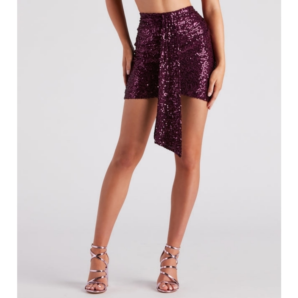 Windsor ✦ Purple Sequin Draped Mini Skirt ✦ High-Rise Pleated Side Detail M NWT - Picture 3 of 10